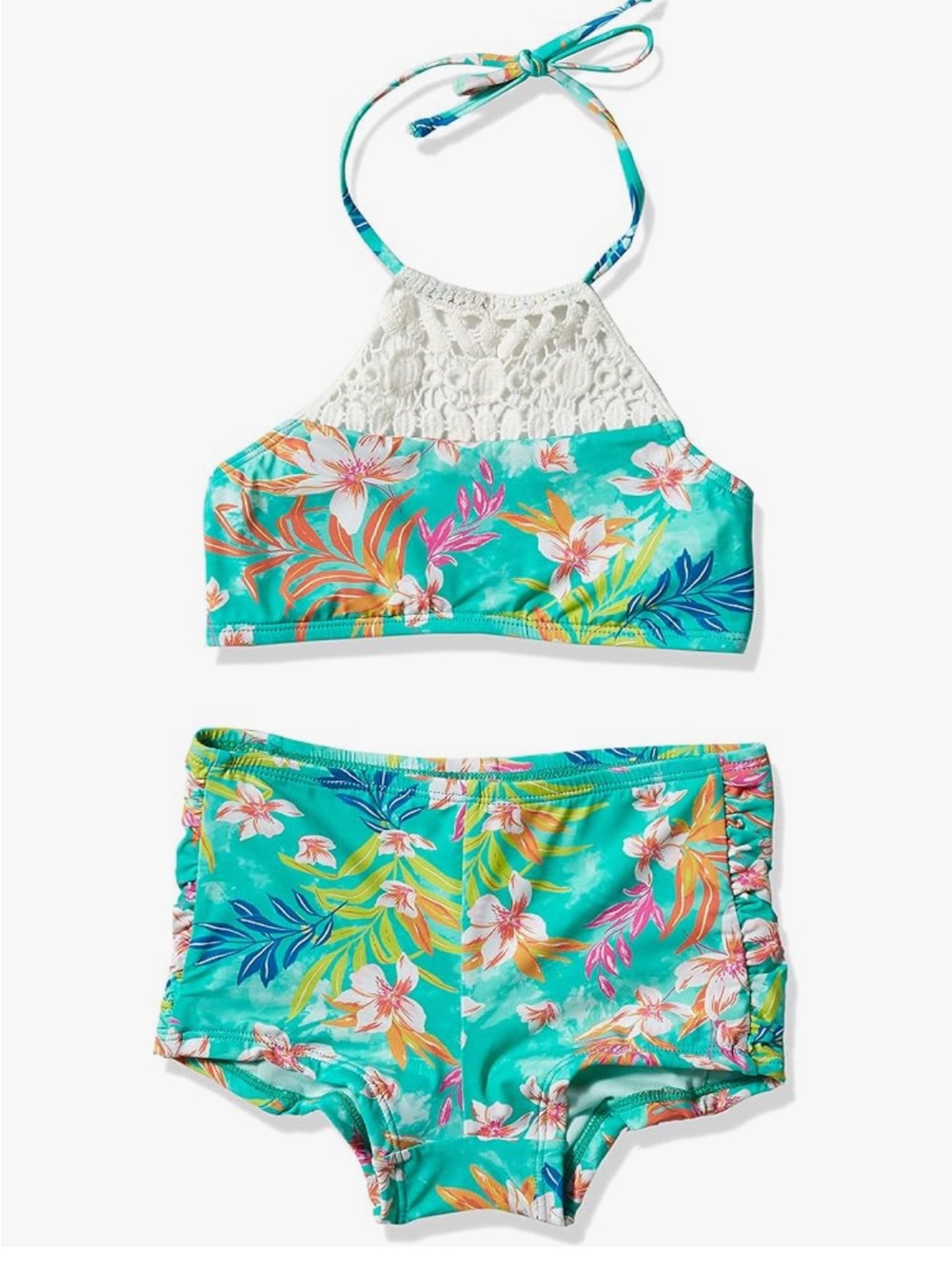 Hobie Honor Girls Floral Crochet Halter Tankini Boyshort Swim Set 💙💚